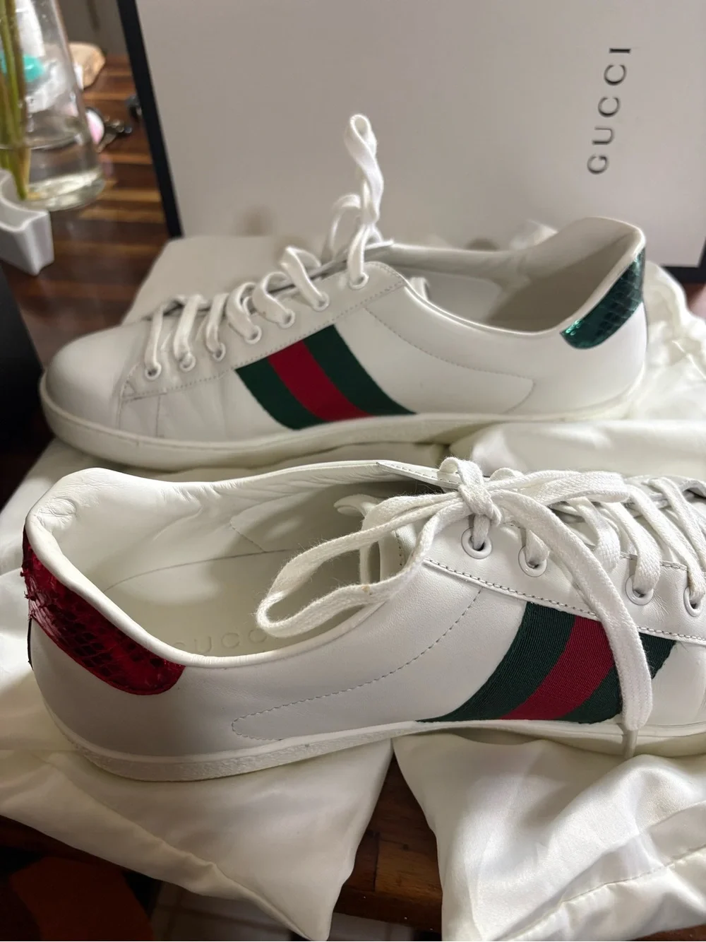 Gucci White Leather Sneakers with Red Snake Embroidery